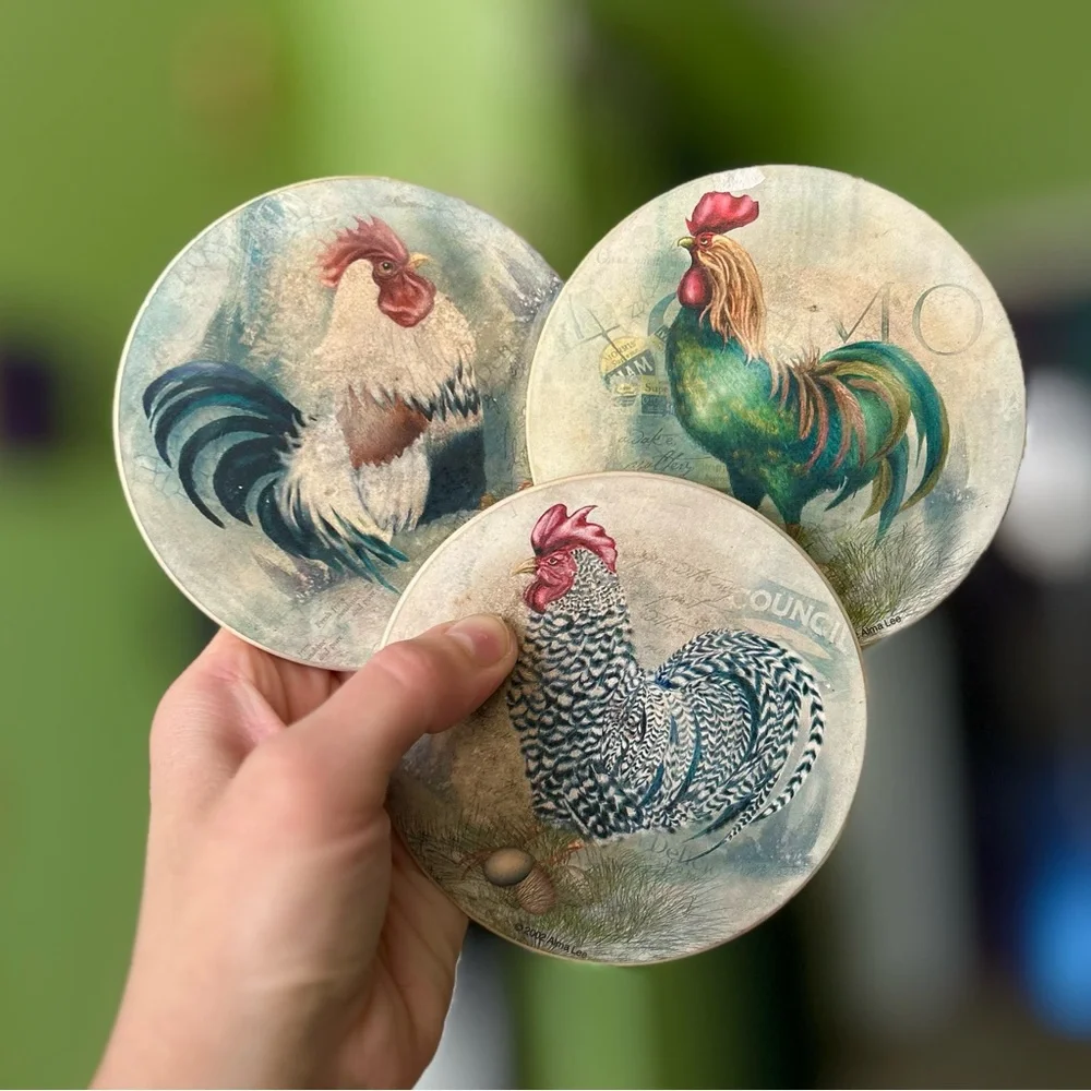 VTG Rustic Farmhouse Rooster Cottagecore Home Corked Back Coasters Set of 3 - Picture 4 of 8